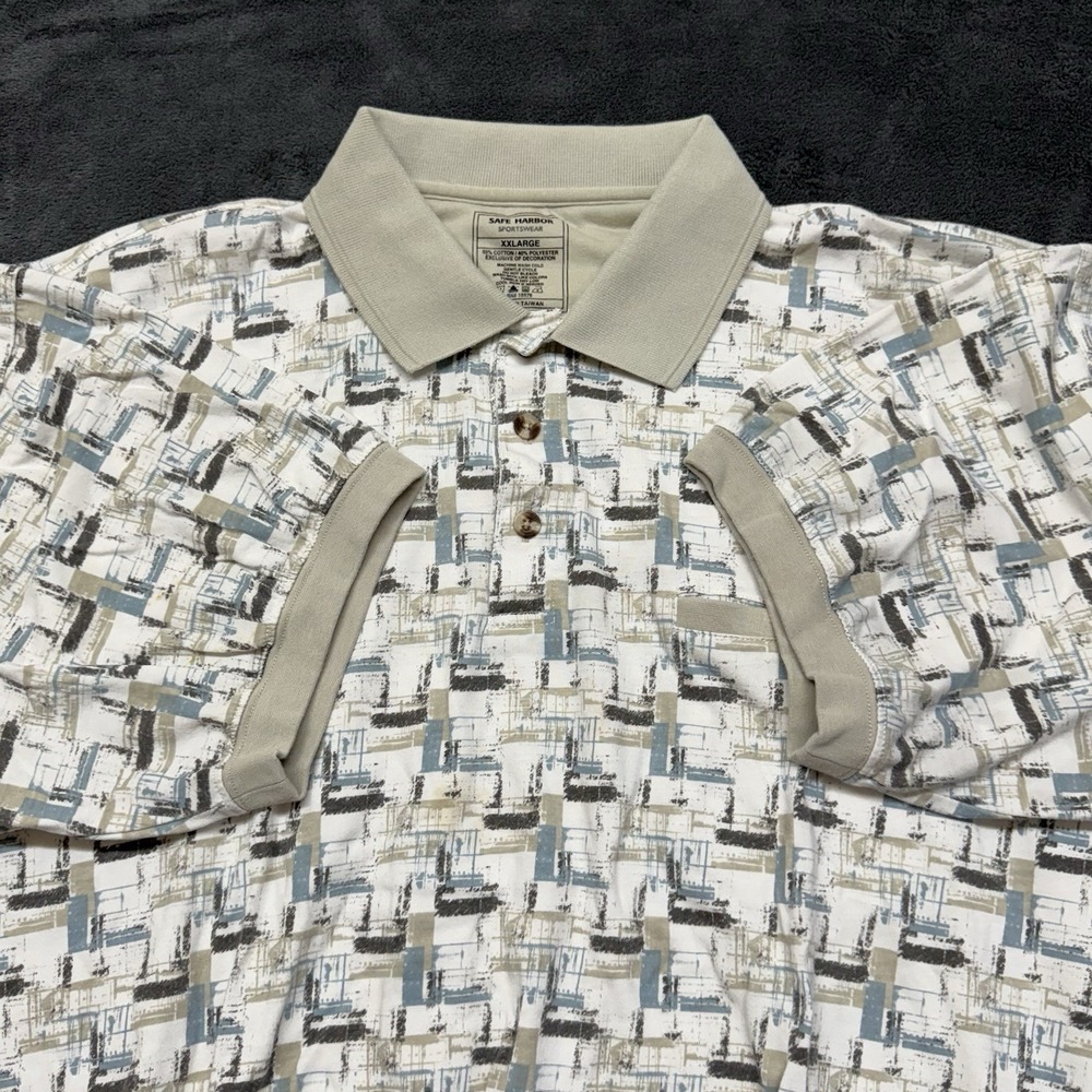 Vtg Safe Harbor Men's Tan White Button Pocket Front Grandpa Polo Shirt Men's 2XL